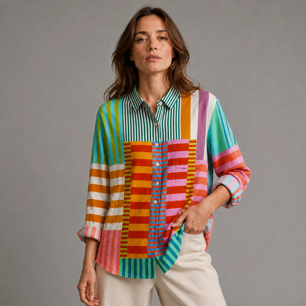 Colorful Striped Color Block Shirt Women's Long Sleeve Button-Up Blouse – Casual, Office