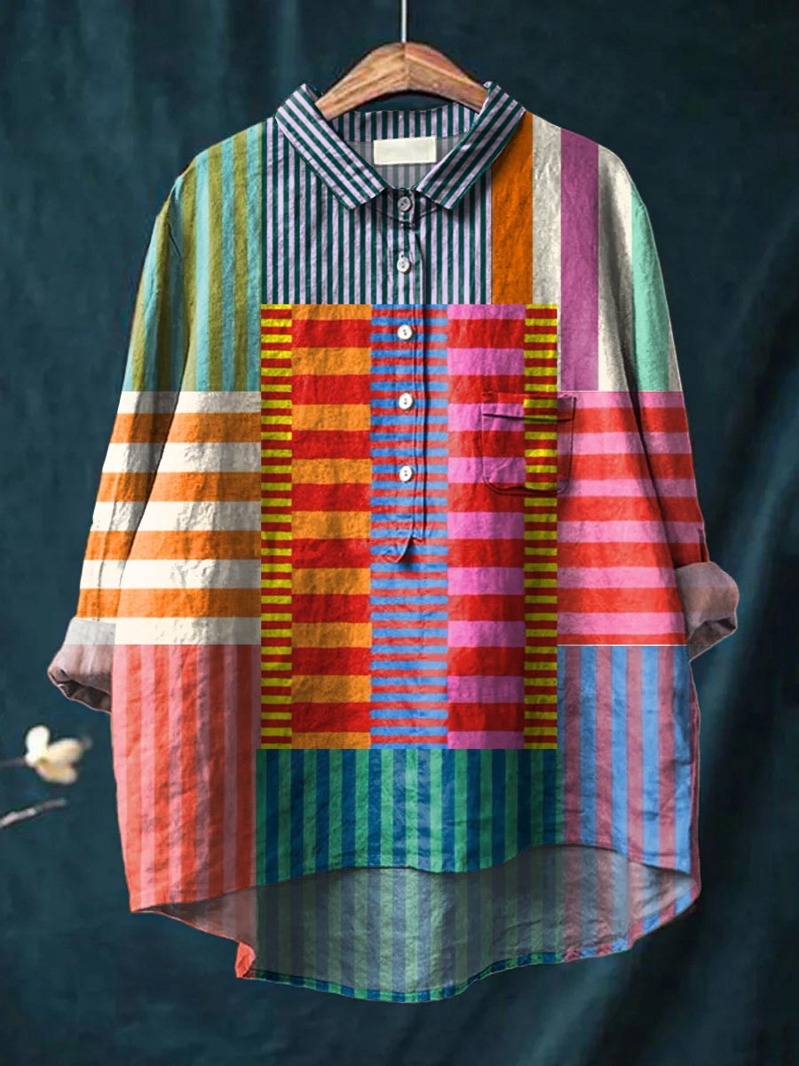 Colorful Striped Color Block Shirt Women's Long Sleeve Button-Up Blouse – Casual, Office