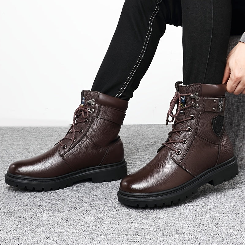 Combat Boots Men's Black Leather Lace-Up High-Top – Winter, Casual, Outdoor, Cold-Weather, Gift