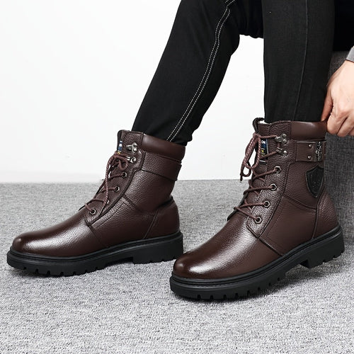 Combat Boots Men's Black Leather Lace-Up High-Top – Winter, Casual, Outdoor, Cold-Weather, Gift