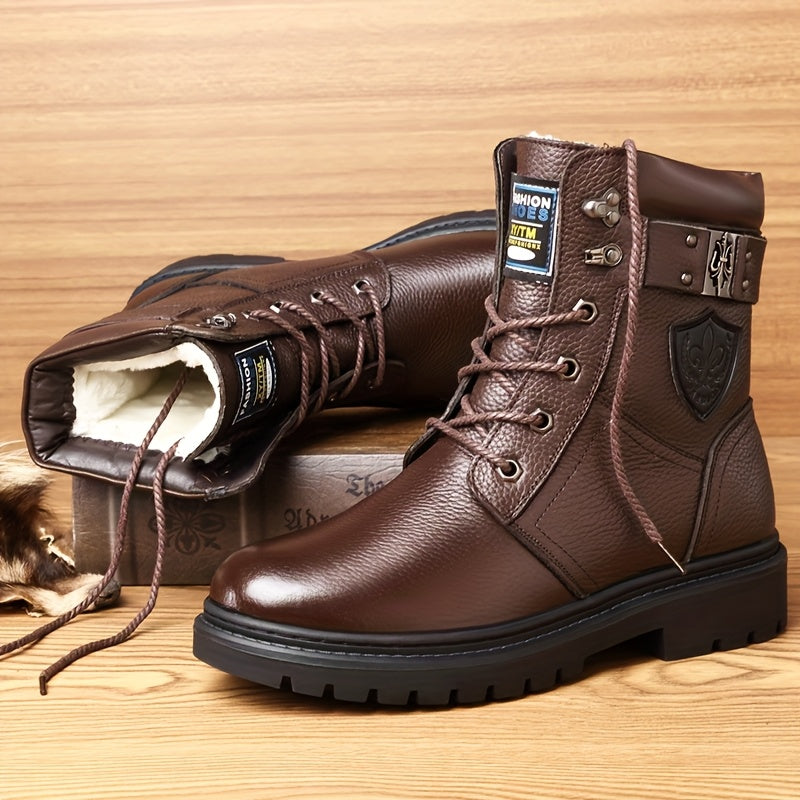 Combat Boots Men's Black Leather Lace-Up High-Top – Winter, Casual, Outdoor, Cold-Weather, Gift
