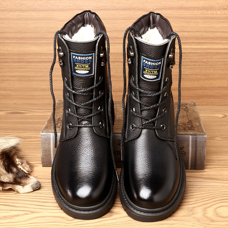 Combat Boots Men's Black Leather Lace-Up High-Top – Winter, Casual, Outdoor, Cold-Weather, Gift