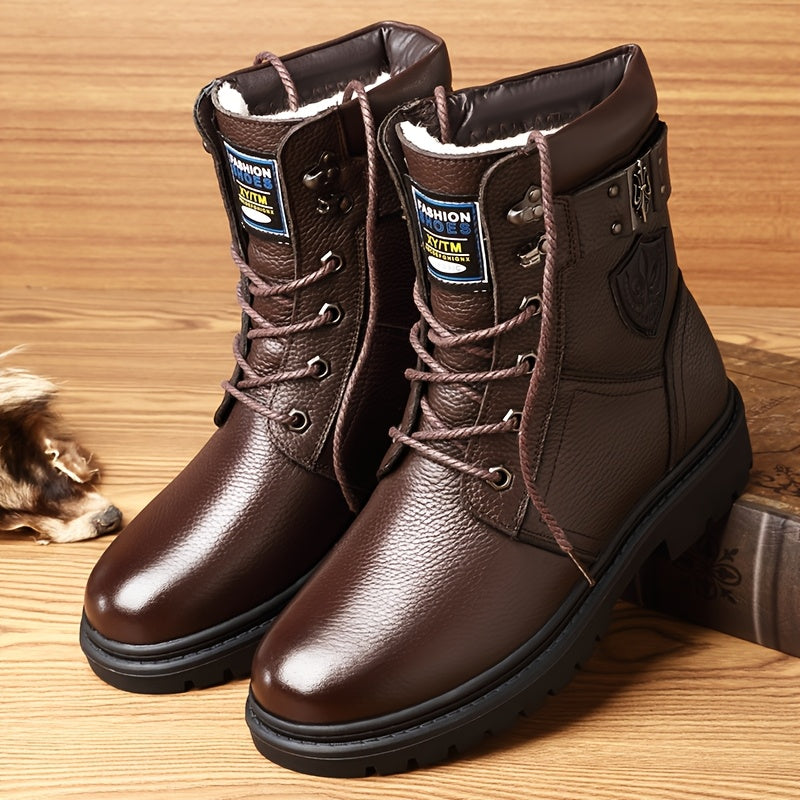 Combat Boots Men's Black Leather Lace-Up High-Top – Winter, Casual, Outdoor, Cold-Weather, Gift