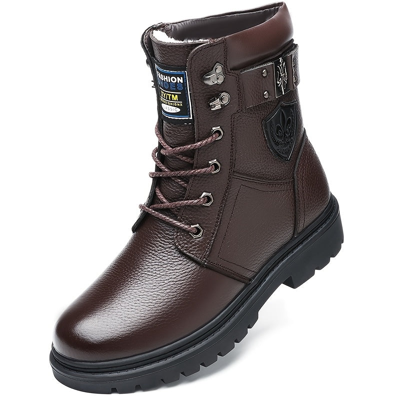 Combat Boots Men's Black Leather Lace-Up High-Top – Winter, Casual, Outdoor, Cold-Weather, Gift
