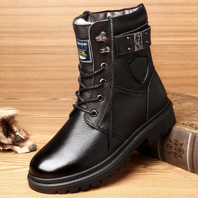 Combat Boots Men's Black Leather Lace-Up High-Top – Winter, Casual, Outdoor, Cold-Weather, Gift