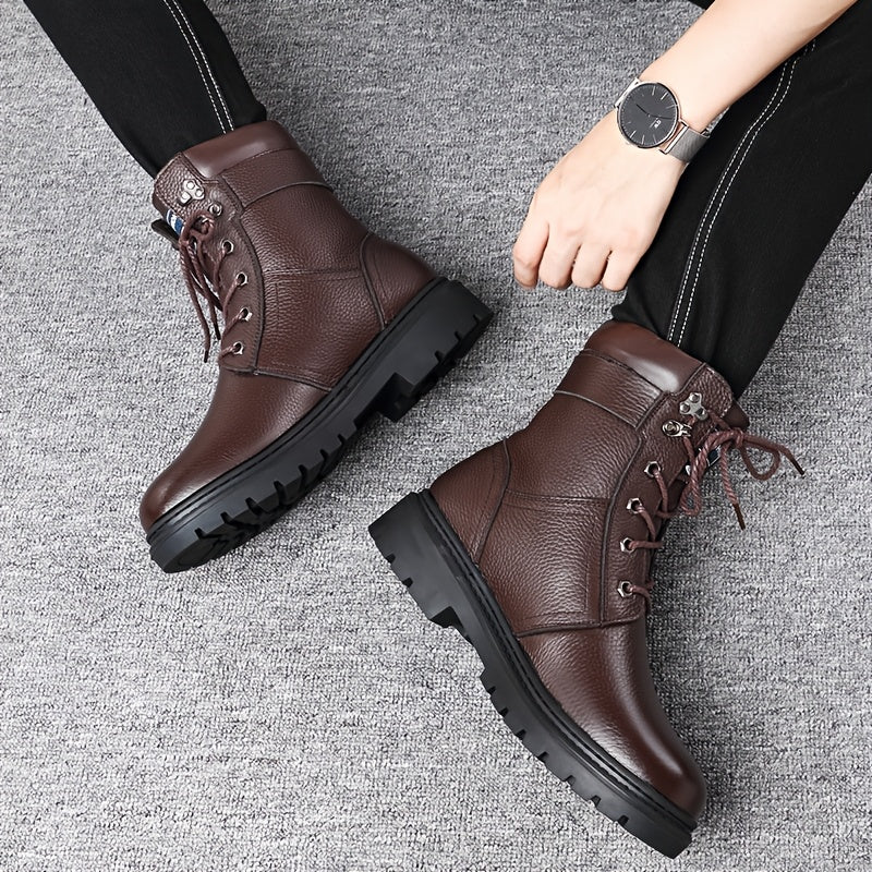 Combat Boots Men's Black Leather Lace-Up High-Top – Winter, Casual, Outdoor, Cold-Weather, Gift