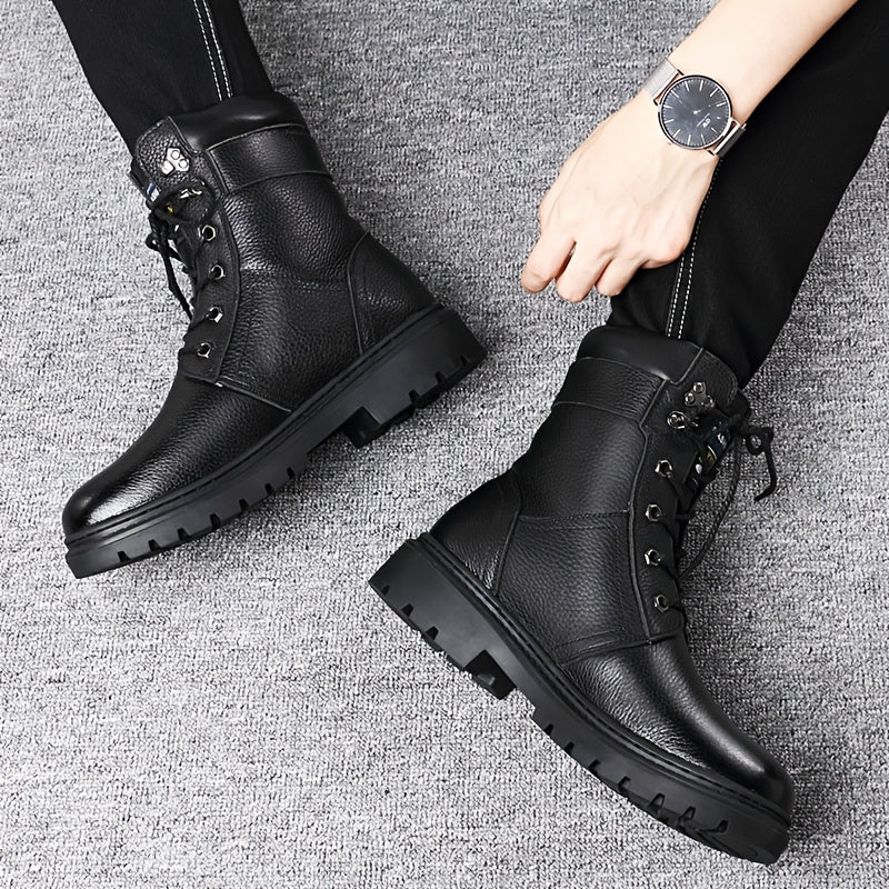 Combat Boots Men's Black Leather Lace-Up High-Top – Winter, Casual, Outdoor, Cold-Weather, Gift