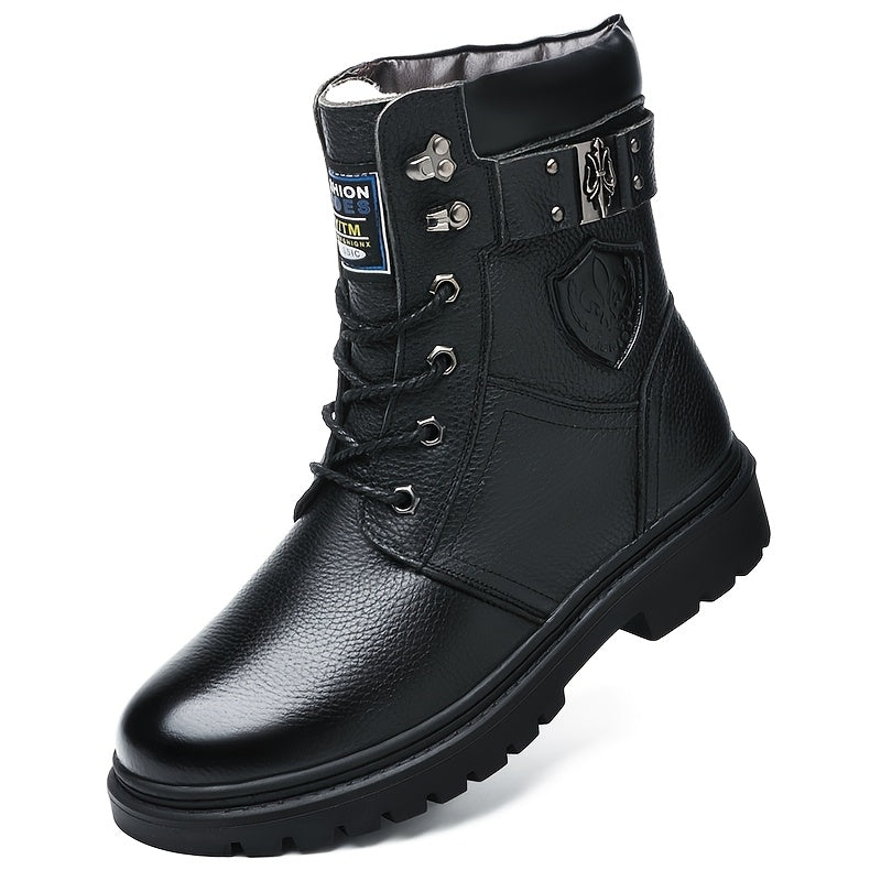 Combat Boots Men's Black Leather Lace-Up High-Top – Winter, Casual, Outdoor, Cold-Weather, Gift