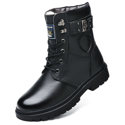 Combat Boots Men's Black Leather Lace-Up High-Top – Winter, Casual, Outdoor, Cold-Weather, Gift
