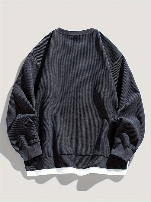 Corduroy Crewneck Sweatshirt Men's Layered Look Dark Gray Long Sleeve – Casual, Office