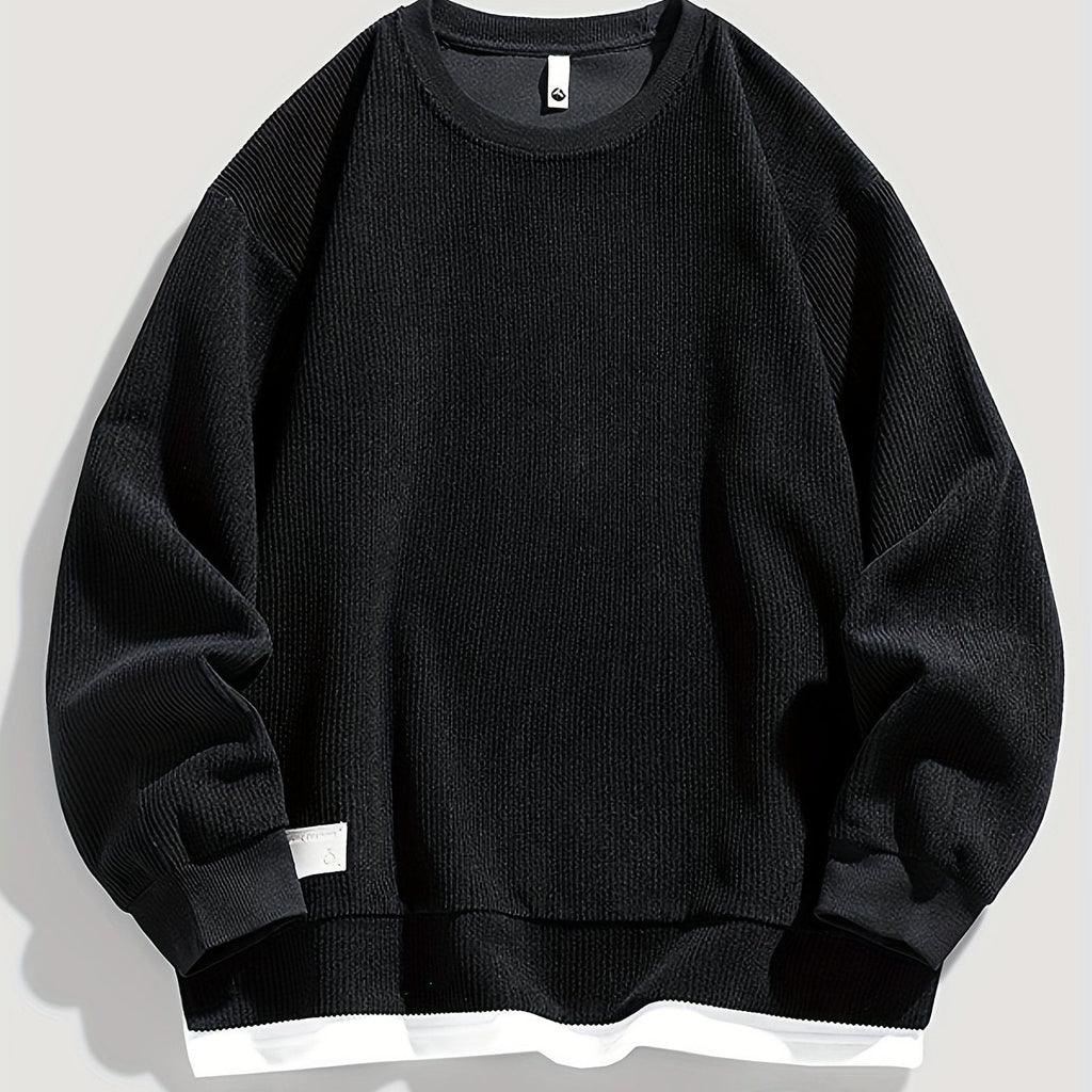 Corduroy Crewneck Sweatshirt Men's Layered Look Dark Gray Long Sleeve – Casual, Office