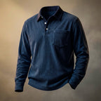 Corduroy Long Sleeve Polo Shirt Blue Men's with Contrast Collar Chest Pocket – Casual, Office, Gift