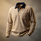 Corduroy Long Sleeve Polo Shirt Blue Men's with Contrast Collar Chest Pocket – Casual, Office, Gift