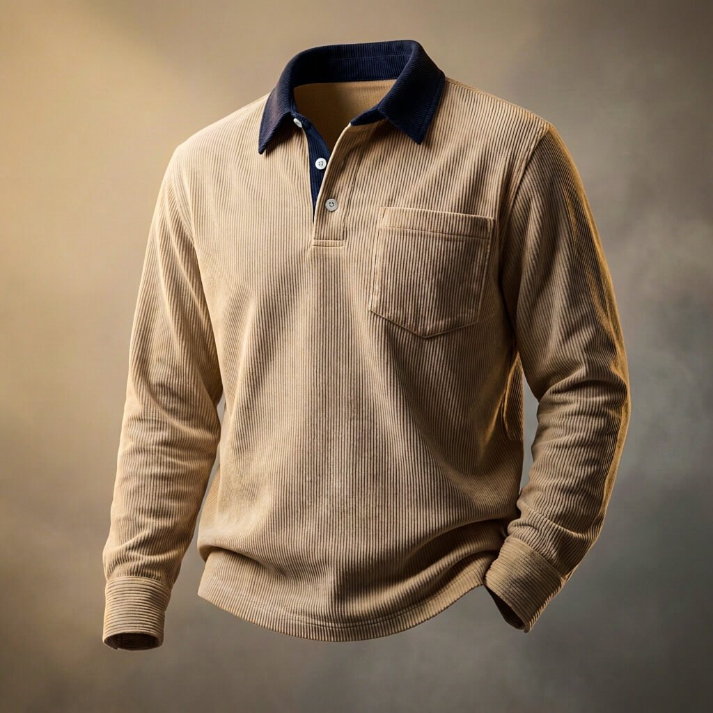 Corduroy Long Sleeve Polo Shirt Blue Men's with Contrast Collar Chest Pocket – Casual, Office, Gift