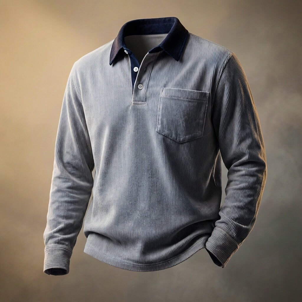 Corduroy Long Sleeve Polo Shirt Blue Men's with Contrast Collar Chest Pocket – Casual, Office, Gift