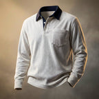 Corduroy Long Sleeve Polo Shirt Blue Men's with Contrast Collar Chest Pocket – Casual, Office, Gift