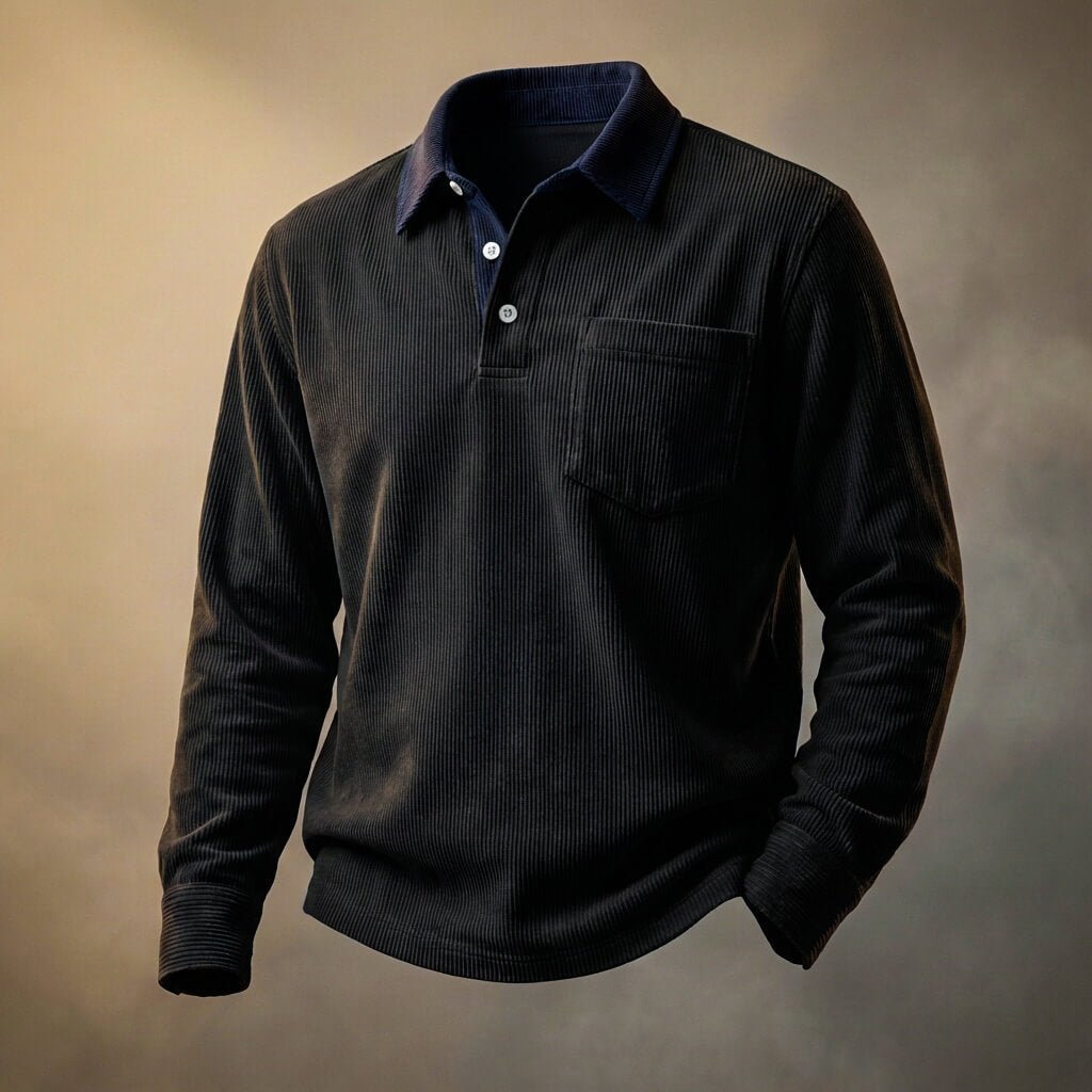 Corduroy Long Sleeve Polo Shirt Blue Men's with Contrast Collar Chest Pocket – Casual, Office, Gift