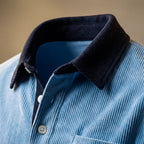 Corduroy Long Sleeve Polo Shirt Blue Men's with Contrast Collar Chest Pocket – Casual, Office, Gift