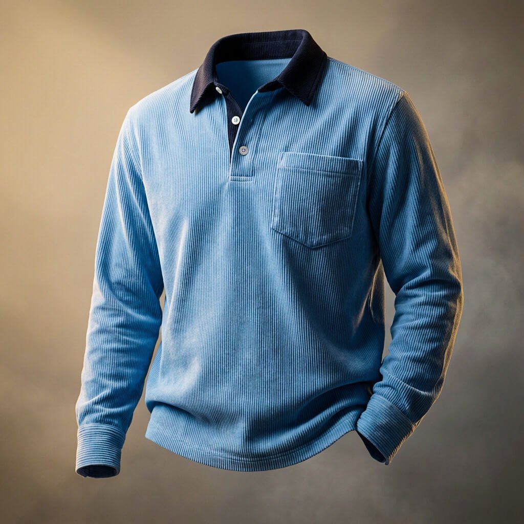Corduroy Long Sleeve Polo Shirt Blue Men's with Contrast Collar Chest Pocket – Casual, Office, Gift