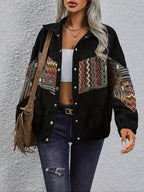 Corduroy Patchwork Jacket Women's Black Aztec Button-Up Shacket – Casual, Fall Layering