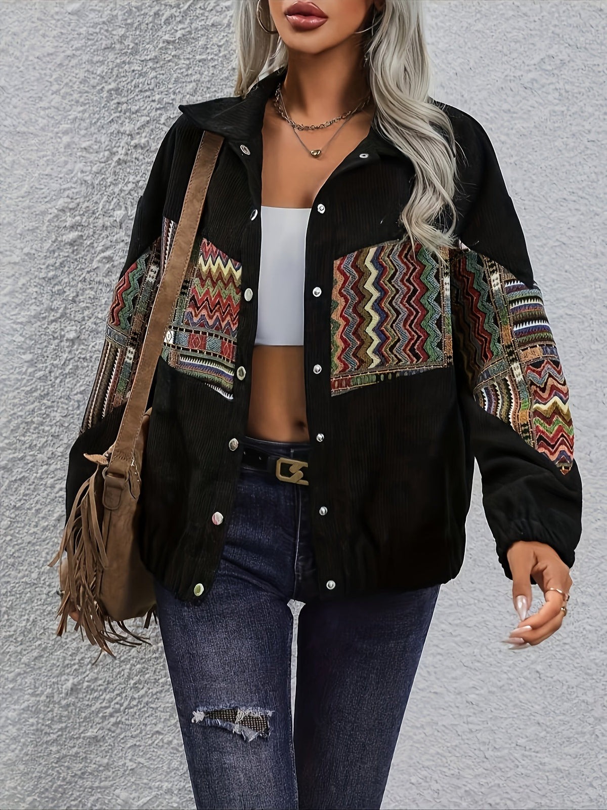 Corduroy Patchwork Jacket Women's Black Aztec Button-Up Shacket – Casual, Fall Layering