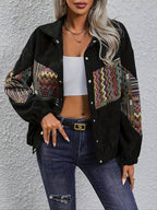 Corduroy Patchwork Jacket Women's Black Aztec Button-Up Shacket – Casual, Fall Layering