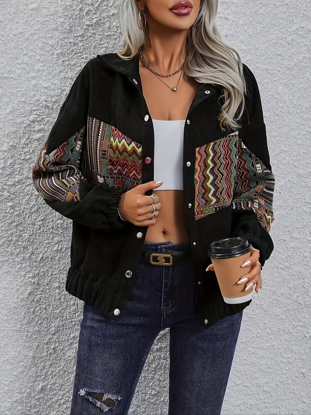 Corduroy Patchwork Jacket Women's Black Aztec Button-Up Shacket – Casual, Fall Layering
