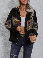 Corduroy Patchwork Jacket Women's Black Aztec Button-Up Shacket – Casual, Fall Layering