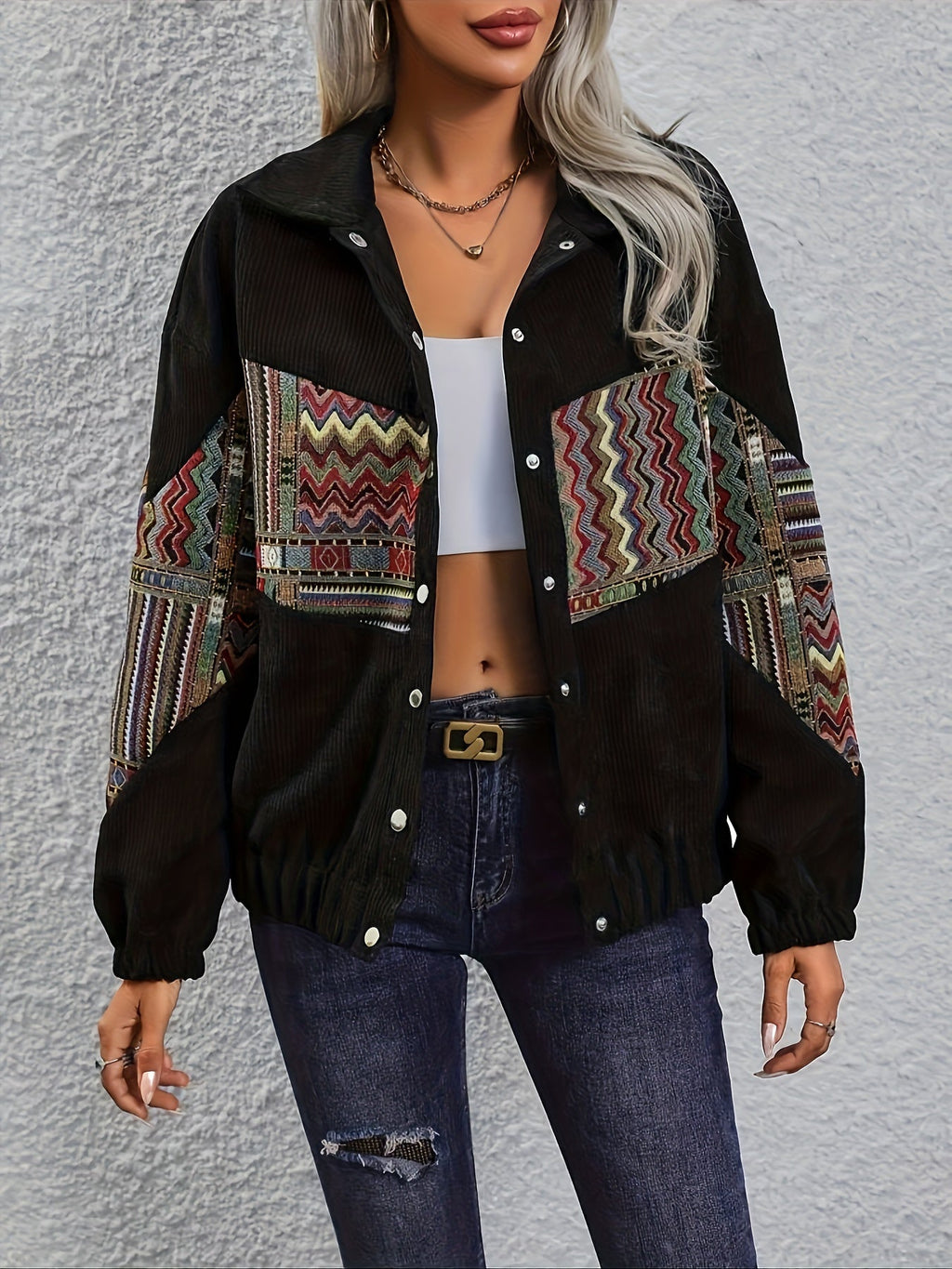 Corduroy Patchwork Jacket Women's Black Aztec Button-Up Shacket – Casual, Fall Layering