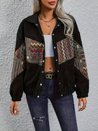 Corduroy Patchwork Jacket Women's Black Aztec Button-Up Shacket – Casual, Fall Layering