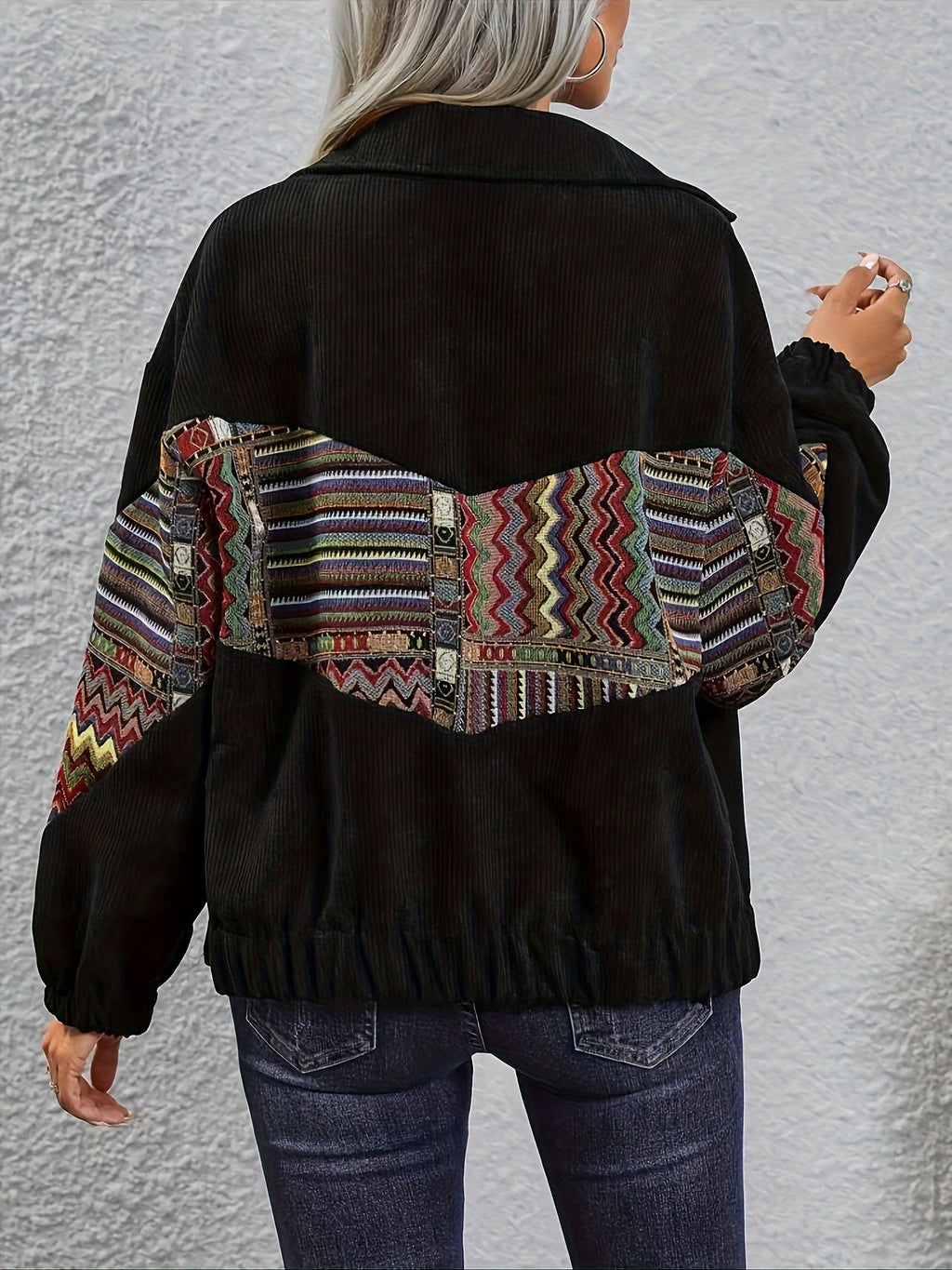 Corduroy Patchwork Jacket Women's Black Aztec Button-Up Shacket – Casual, Fall Layering