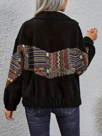 Corduroy Patchwork Jacket Women's Black Aztec Button-Up Shacket – Casual, Fall Layering