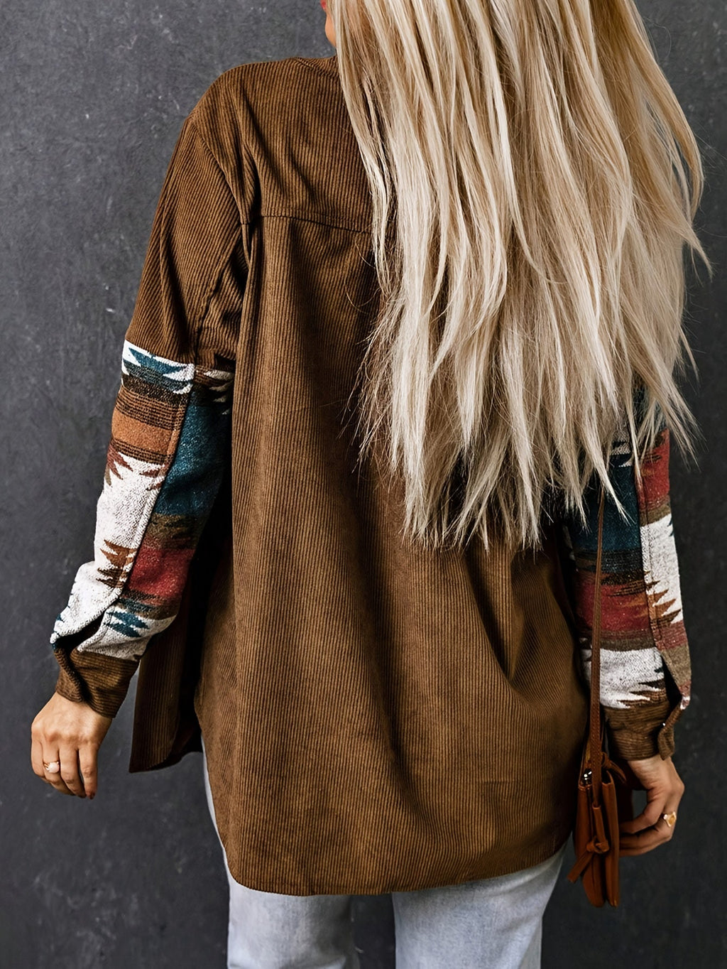 Corduroy Shacket Women's Aztec Print Snap Button Brown Jacket – Casual, Fall Layering