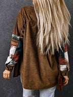 Corduroy Shacket Women's Aztec Print Snap Button Brown Jacket – Casual, Fall Layering