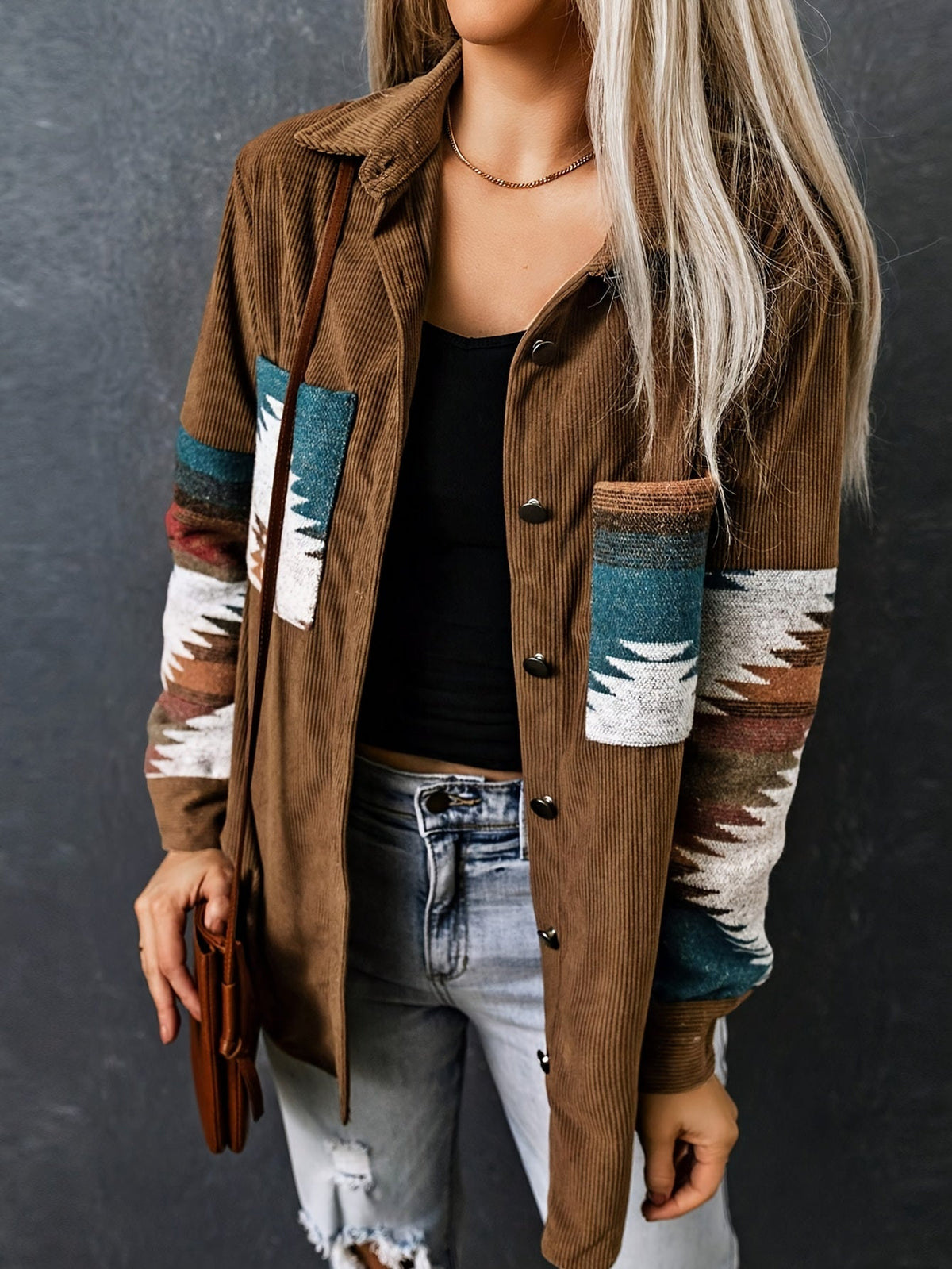 Corduroy Shacket Women's Aztec Print Snap Button Brown Jacket – Casual, Fall Layering