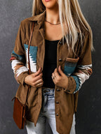 Corduroy Shacket Women's Aztec Print Snap Button Brown Jacket – Casual, Fall Layering