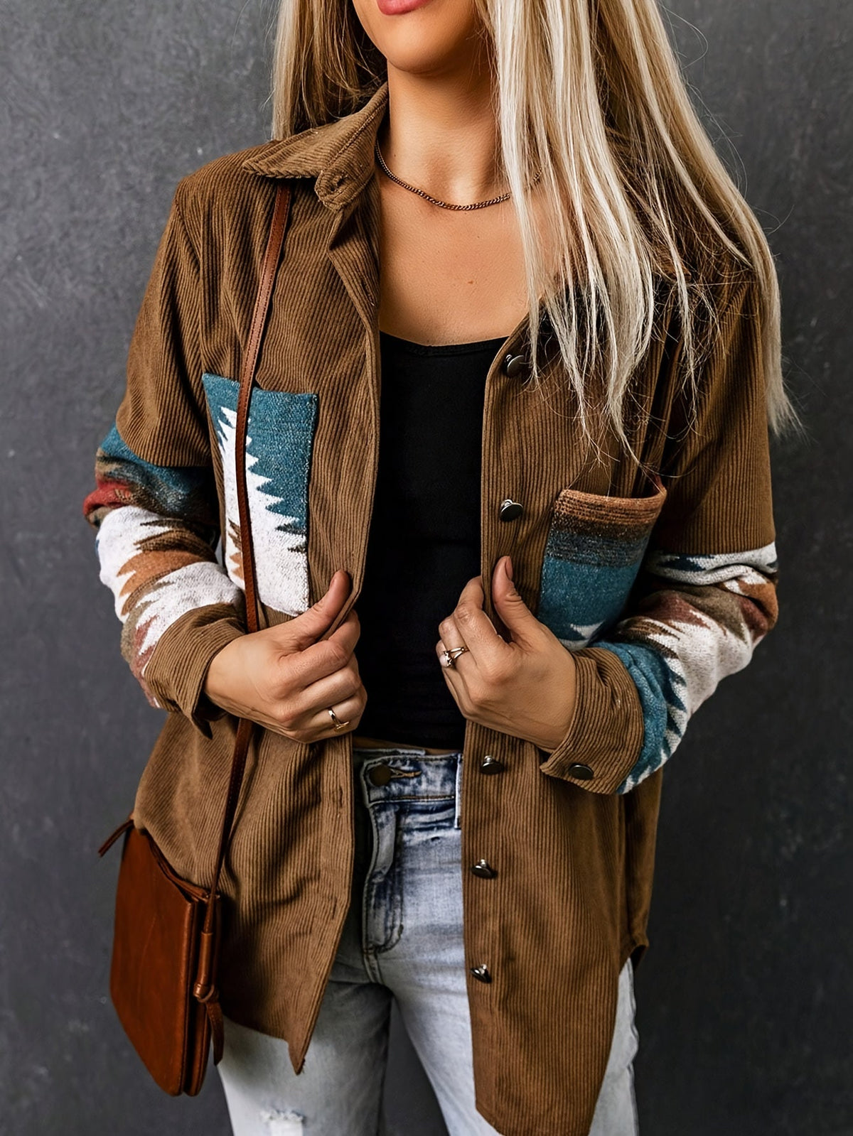 Corduroy Shacket Women's Aztec Print Snap Button Brown Jacket – Casual, Fall Layering