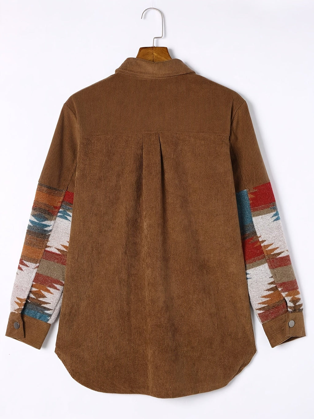 Corduroy Shacket Women's Aztec Print Snap Button Brown Jacket – Casual, Fall Layering