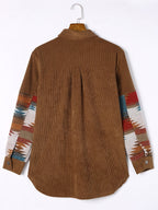 Corduroy Shacket Women's Aztec Print Snap Button Brown Jacket – Casual, Fall Layering