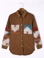 Corduroy Shacket Women's Aztec Print Snap Button Brown Jacket – Casual, Fall Layering