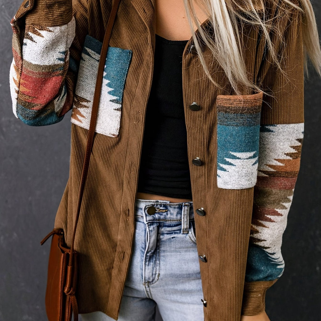 Corduroy Shacket Women's Aztec Print Snap Button Brown Jacket – Casual, Fall Layering