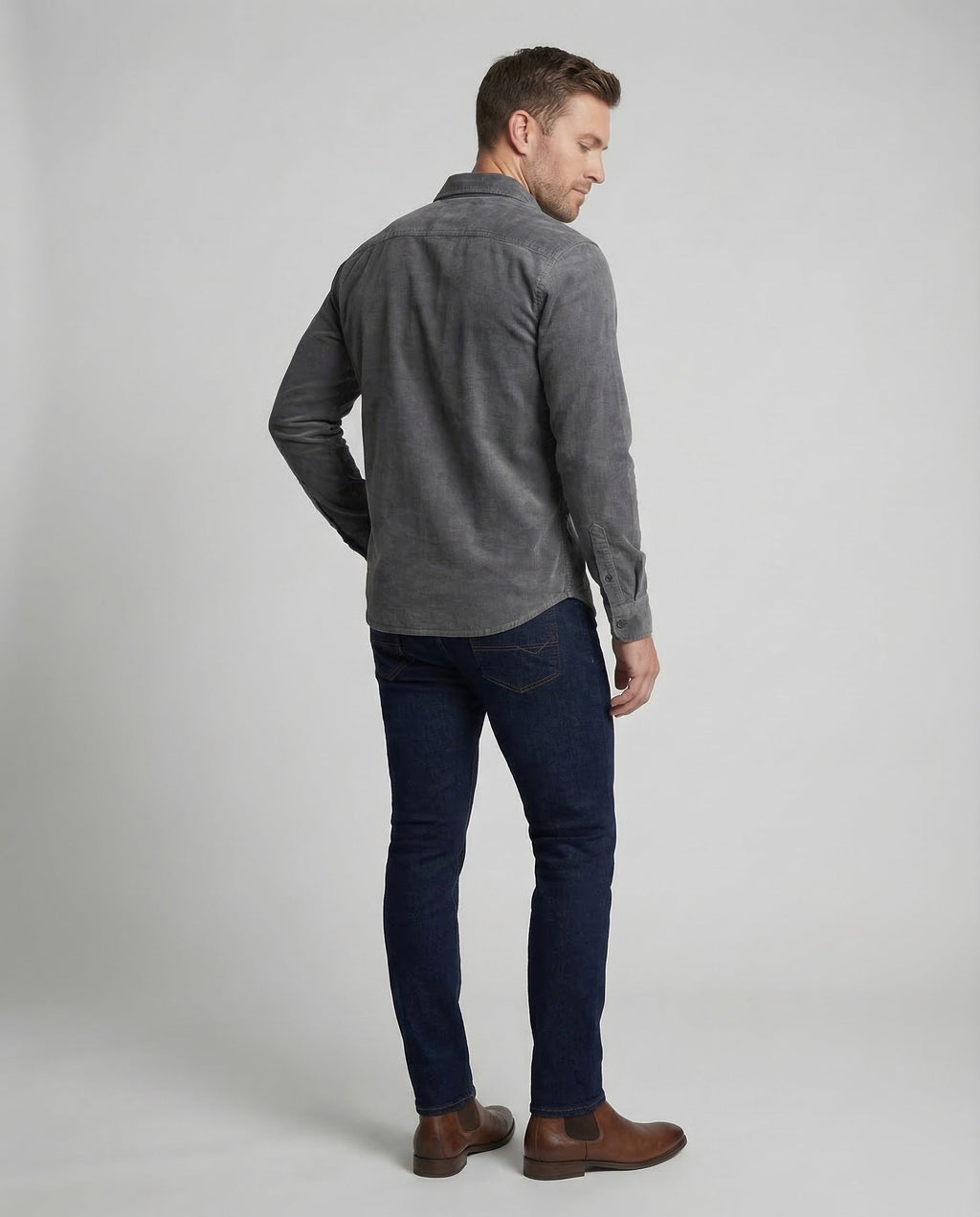 Corduroy Shirt Men's Grey Button-Down Long Sleeve with Chest Pockets – Casual, Office, Gift