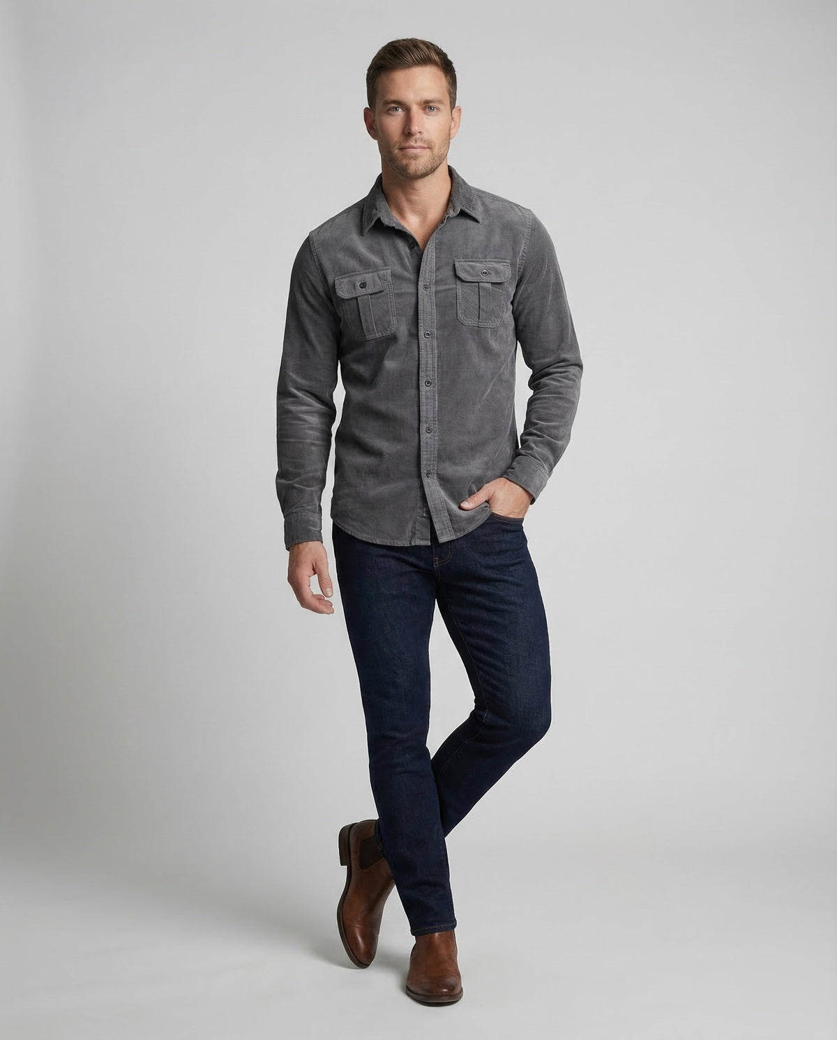 Corduroy Shirt Men's Grey Button-Down Long Sleeve with Chest Pockets – Casual, Office, Gift
