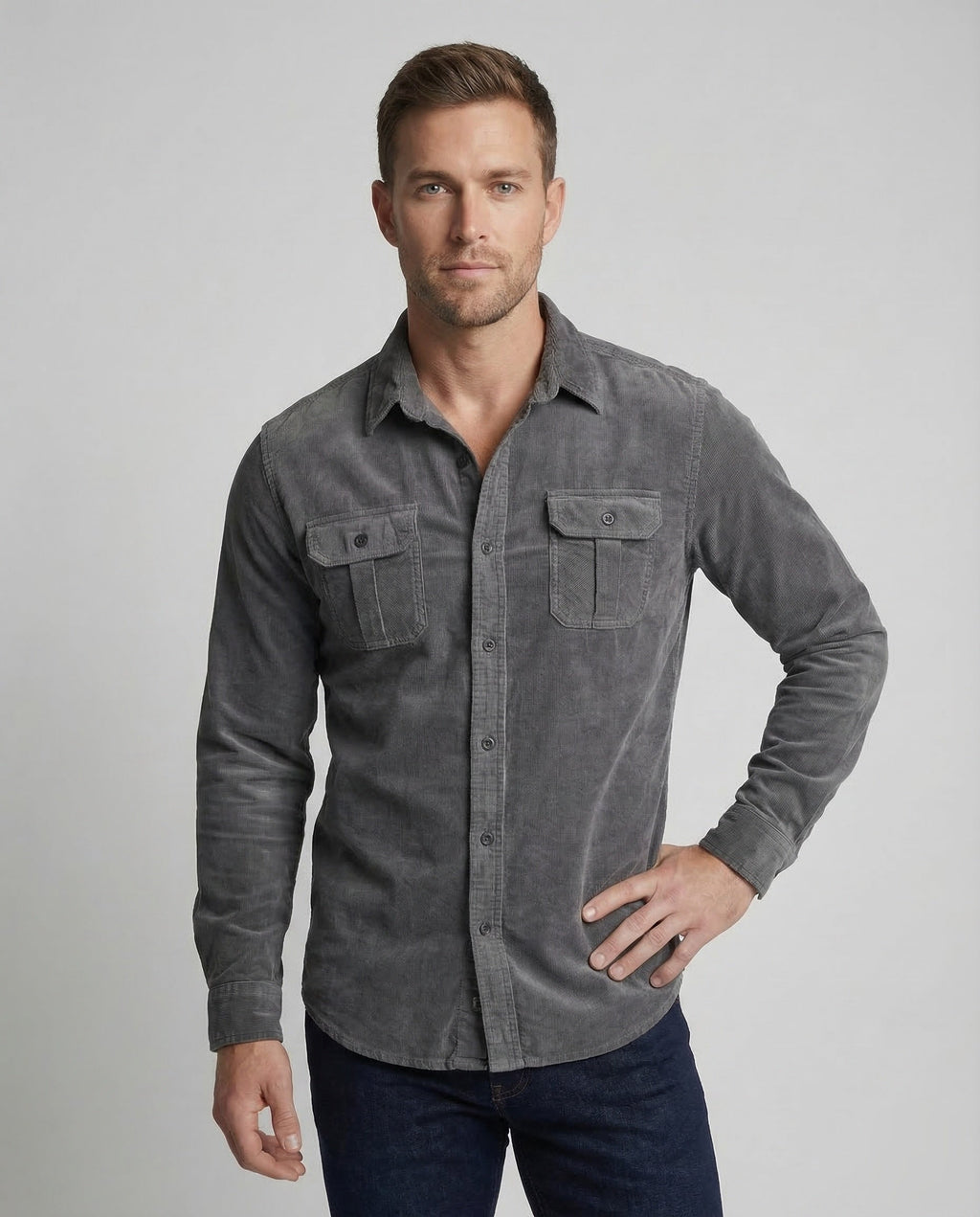 Corduroy Shirt Men's Grey Button-Down Long Sleeve with Chest Pockets – Casual, Office, Gift