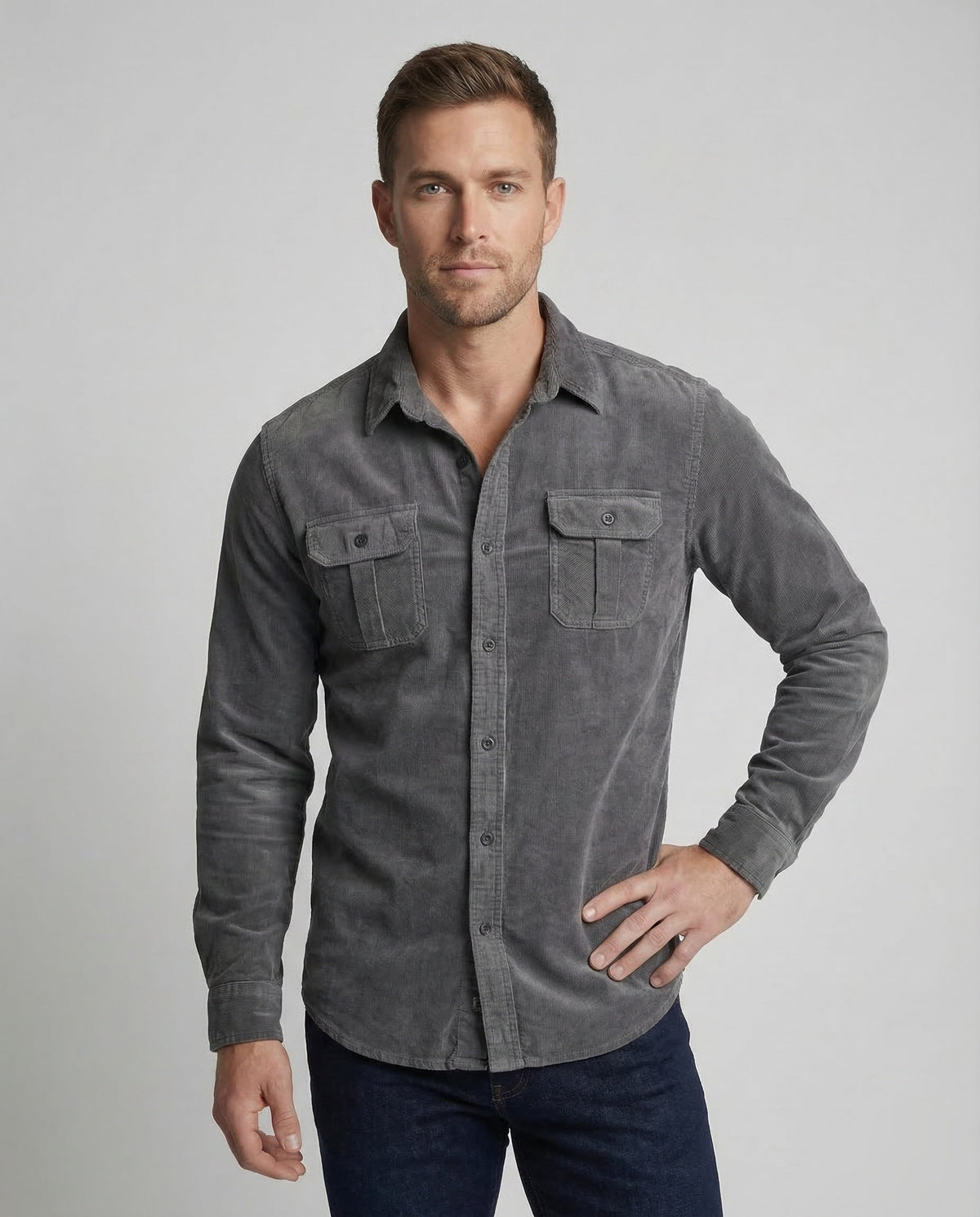 Corduroy Shirt Men's Grey Button-Down Long Sleeve with Chest Pockets – Casual, Office, Gift