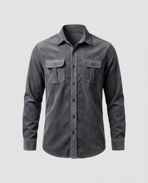Corduroy Shirt Men's Grey Button-Down Long Sleeve with Chest Pockets – Casual, Office, Gift