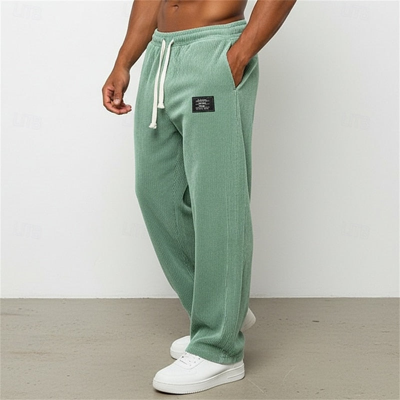 Corduroy Straight-Leg Pants Men's Drawstring Sweatpants Green – Casual, Gift · Faylori