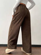 Corduroy Wide-Leg Pants Women's Brown Drawstring Elastic Waist – Casual, Office · Faylori