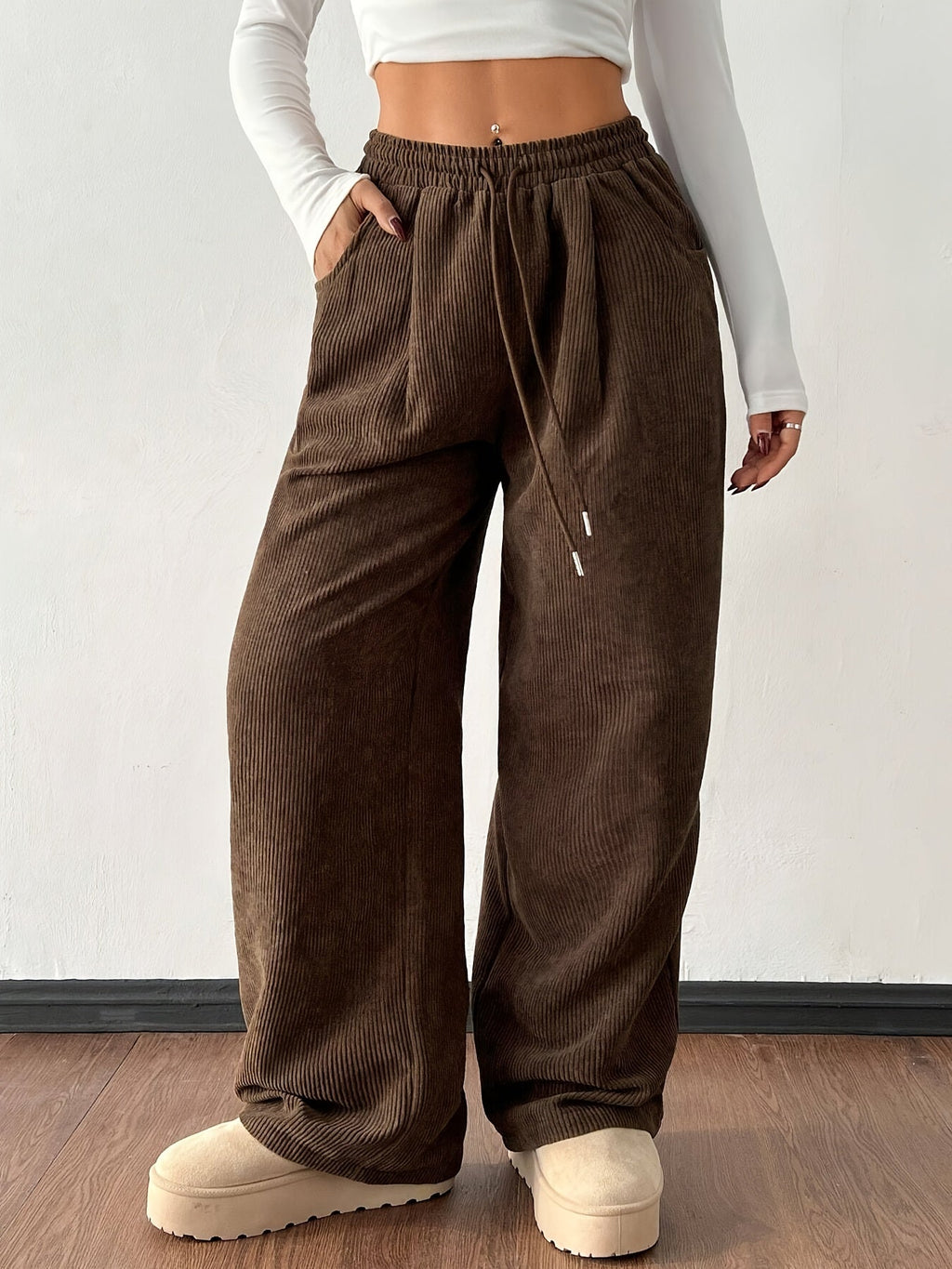 Corduroy Wide-Leg Pants Women's Brown Drawstring Elastic Waist – Casual, Office · Faylori