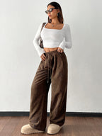 Corduroy Wide-Leg Pants Women's Brown Drawstring Elastic Waist – Casual, Office · Faylori